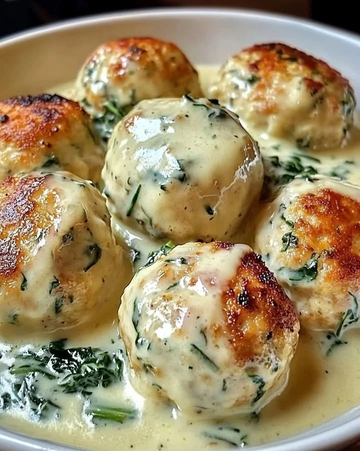 Delicious Chicken Ricotta Meatballs served with Spinach Parmesan Sauce