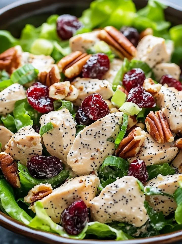 Delicious chicken salad with poppy seed dressing served in a bowl