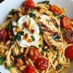 Plate of Chicken Spaghetti topped with Burrata and Lemon Butter Garlic Sauce