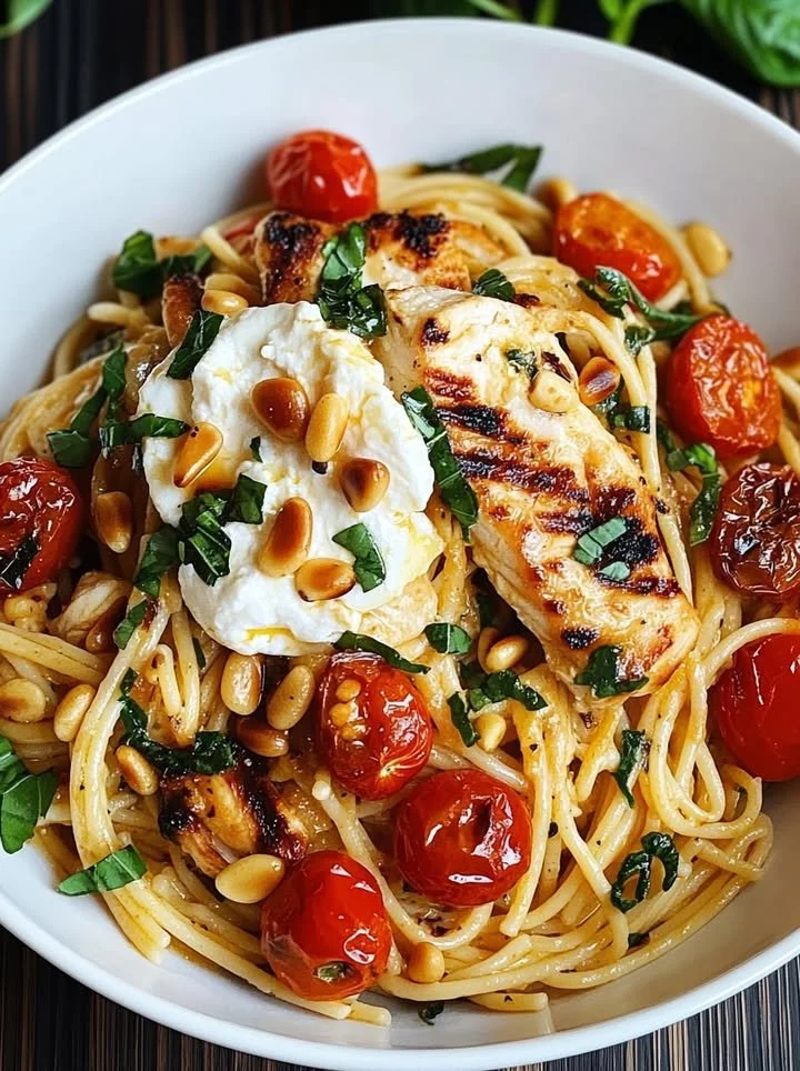Plate of Chicken Spaghetti topped with Burrata and Lemon Butter Garlic Sauce