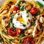 Delicious Chicken Spaghetti topped with creamy Burrata Cheese served in a bowl