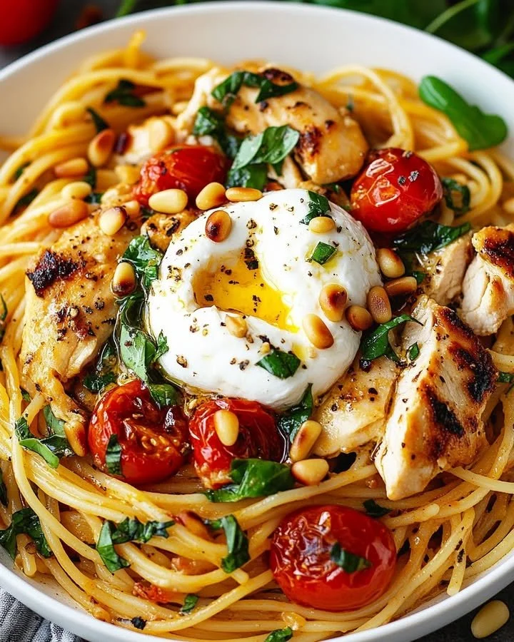 Delicious Chicken Spaghetti topped with creamy Burrata Cheese served in a bowl