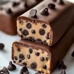 Delicious chocolate chip cookie dough bars cut into squares on a wooden board