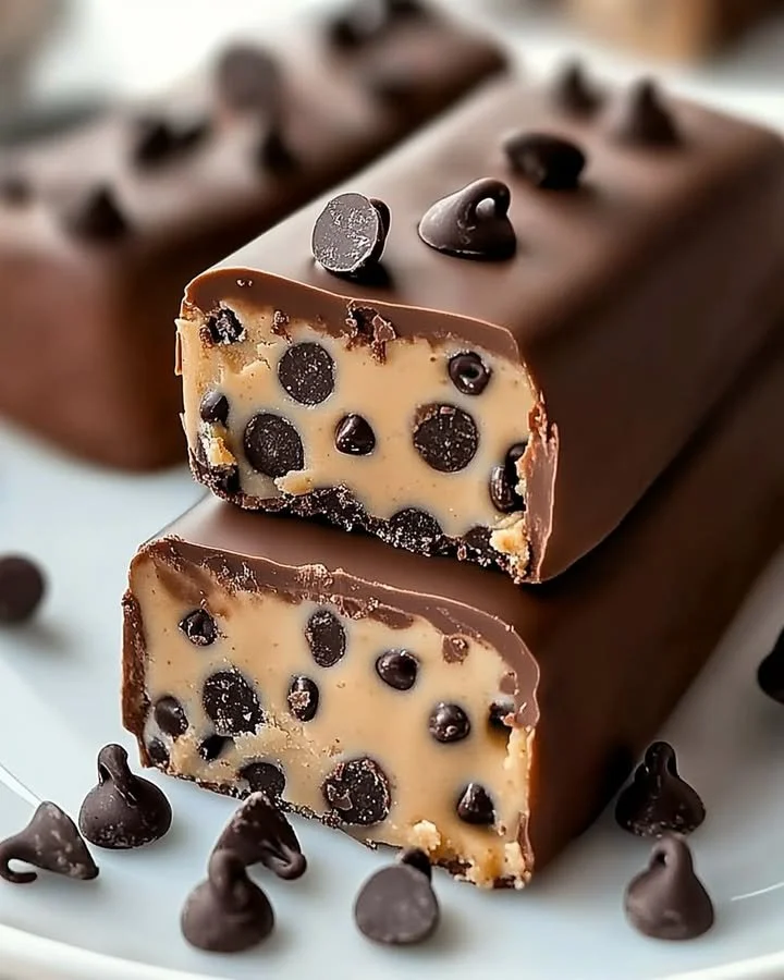 Delicious chocolate chip cookie dough bars cut into squares on a wooden board
