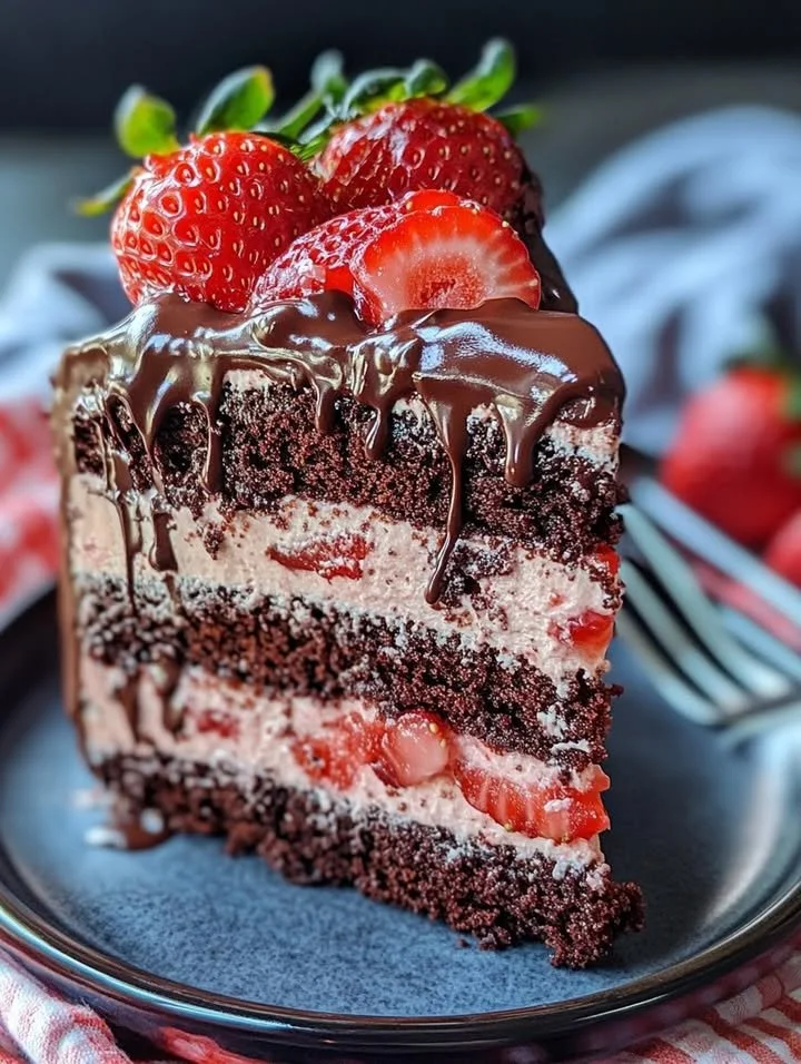 Chocolate Covered Strawberry Cake with fresh strawberries and chocolate glaze