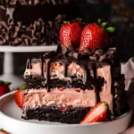Chocolate covered strawberry ice cream layer cake ready to serve