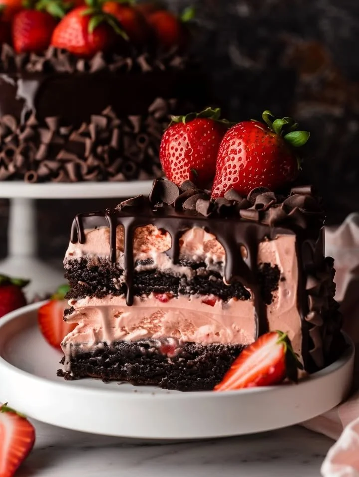 Chocolate covered strawberry ice cream layer cake ready to serve