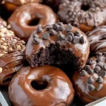 Delicious chocolate donuts dusted with powdered sugar and topped with chocolate glaze