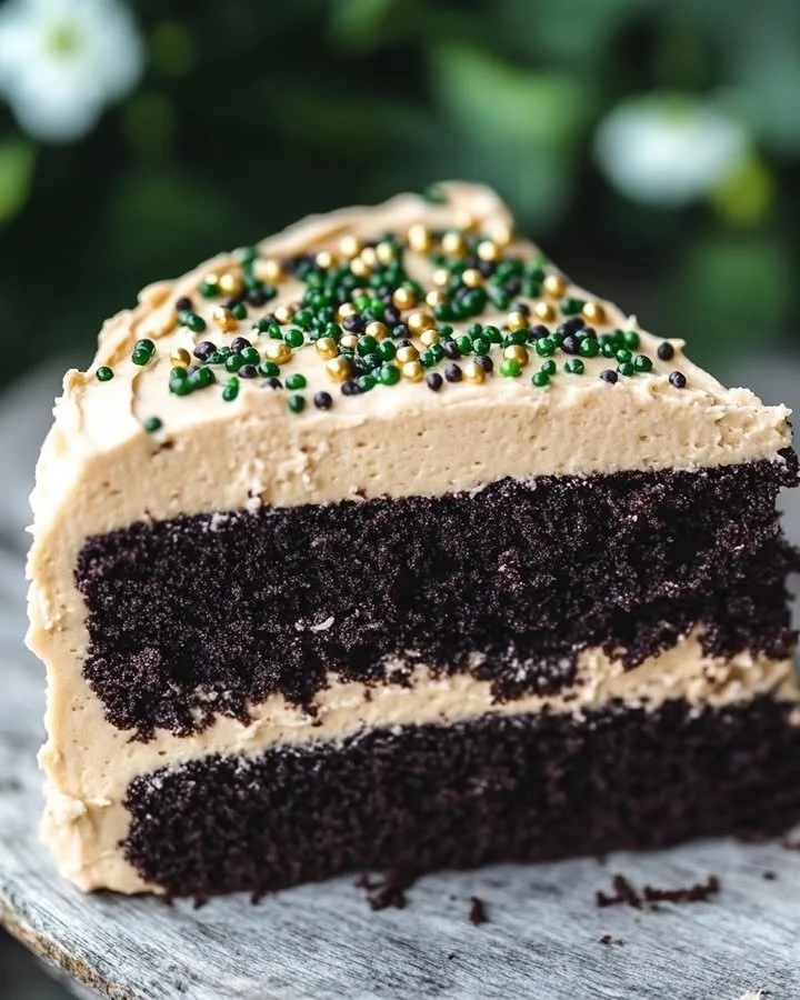 Delicious Chocolate Guinness Cake topped with creamy Baileys Buttercream frosting