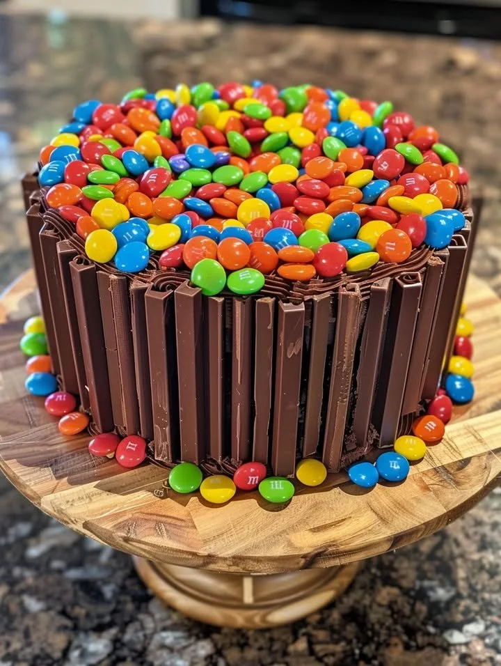 Chocolate M&M Celebration Cake with colorful M&Ms on top