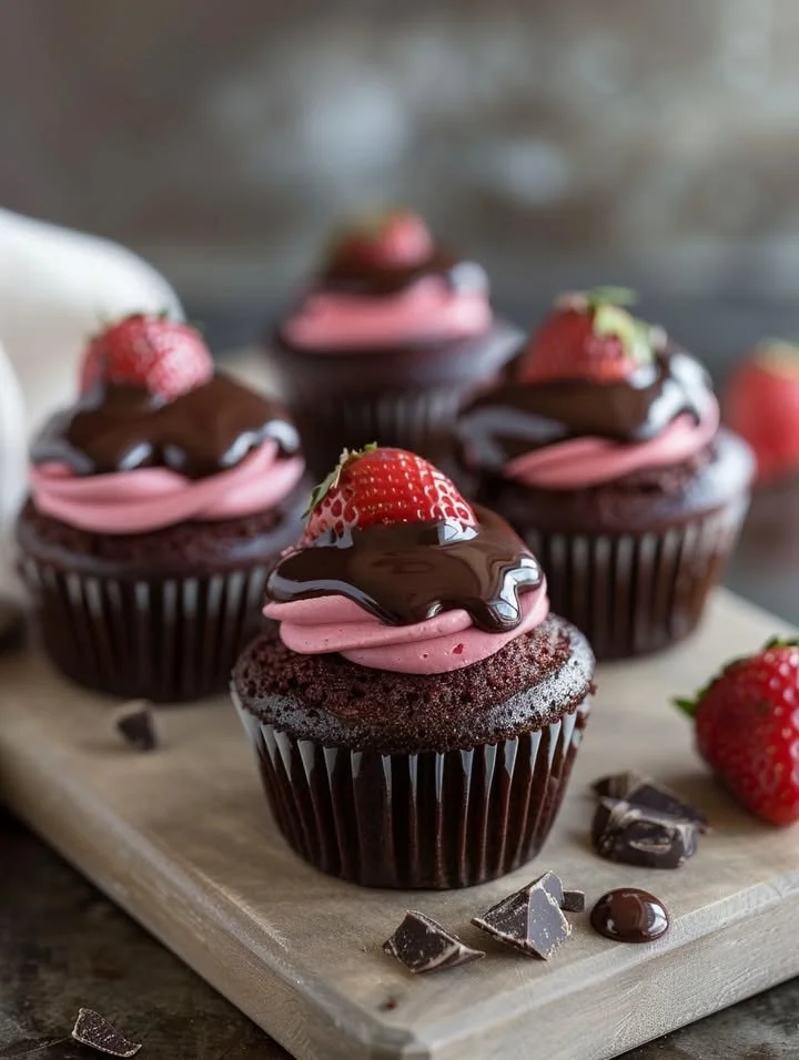 Chocolate strawberry cupcakes topped with fresh strawberries and chocolate frosting