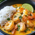 A bowl of coconut curry shrimp garnished with fresh herbs