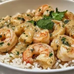 Delicious Coconut Lime Shrimp served with jasmine rice on a plate