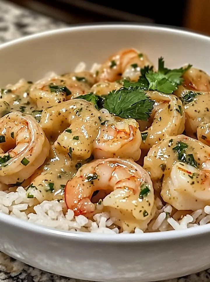 Delicious Coconut Lime Shrimp served with jasmine rice on a plate