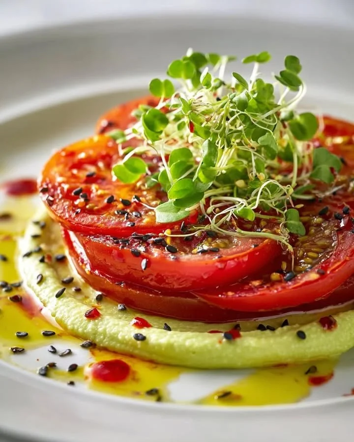 Confited tomato slices topped with zesty avocado-lime swirl