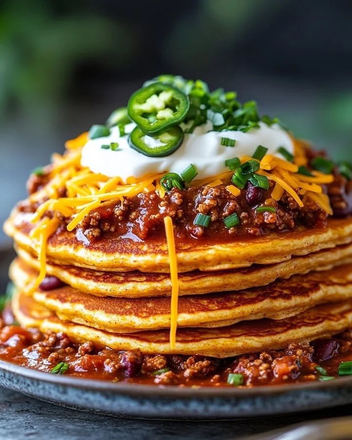 Cornbread pancakes topped with chili for a hearty breakfast dish