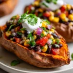 Stuffed sweet potatoes topped with Cowboy Caviar, showcasing vibrant ingredients.
