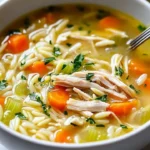 Cozy lemon chicken orzo soup with fresh herbs in a bowl