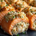 Delicious crab and shrimp stuffed salmon on a plate