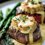Crab-Stuffed Beef Tenderloin with Béarnaise sauce served on a plate