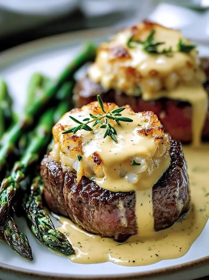 Crab-Stuffed Beef Tenderloin with Béarnaise sauce served on a plate