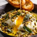 Cracked Pistachio Burrata Skillet garnished with herbs and nuts