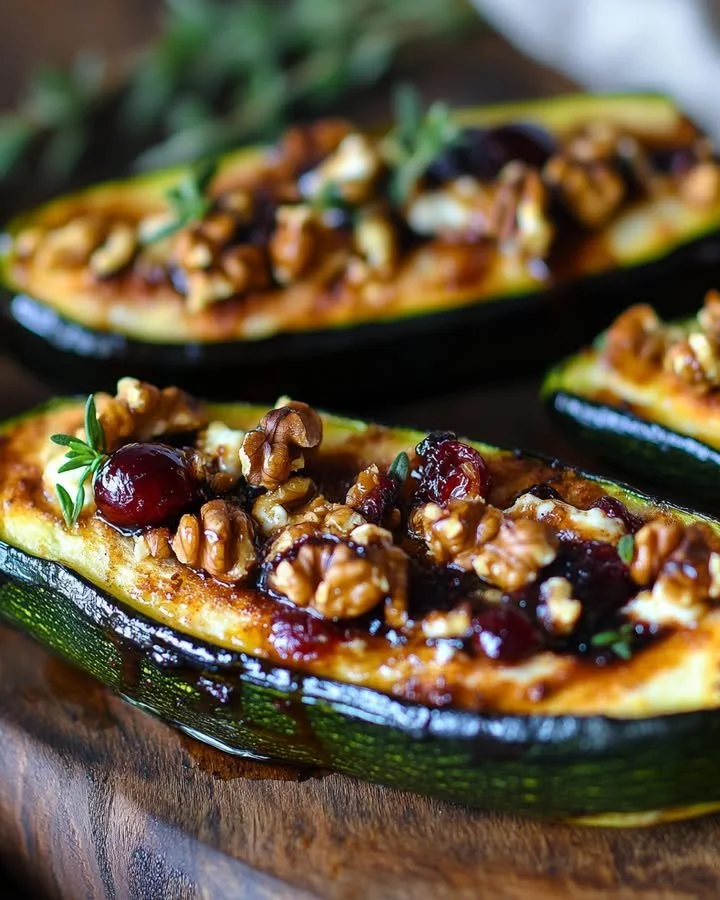 Cranberry and goat cheese stuffed zucchini boats served on a plate