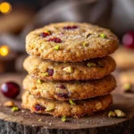 Plate of homemade Cranberry Orange Pistachio Cookies topped with bright orange zest.