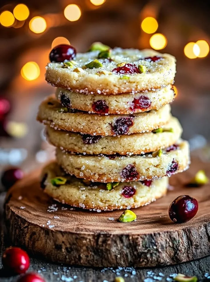 Cranberry Pistachio Shortbread Cookies on a decorative plate