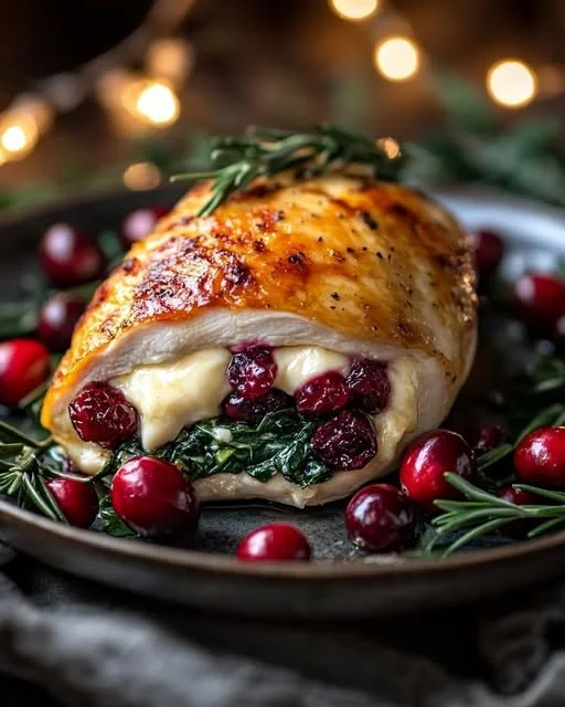 Cranberry and spinach stuffed chicken breast with brie cheese
