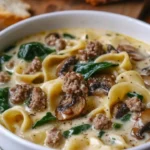 Bowl of creamy Alfredo lasagna soup topped with cheese and herbs