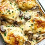 Creamy chicken and mushroom bake dish served in a baking dish