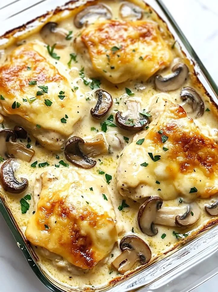 Creamy chicken and mushroom bake dish served in a baking dish