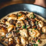 Creamy chicken with mushrooms and Dijon sauce served on a plate
