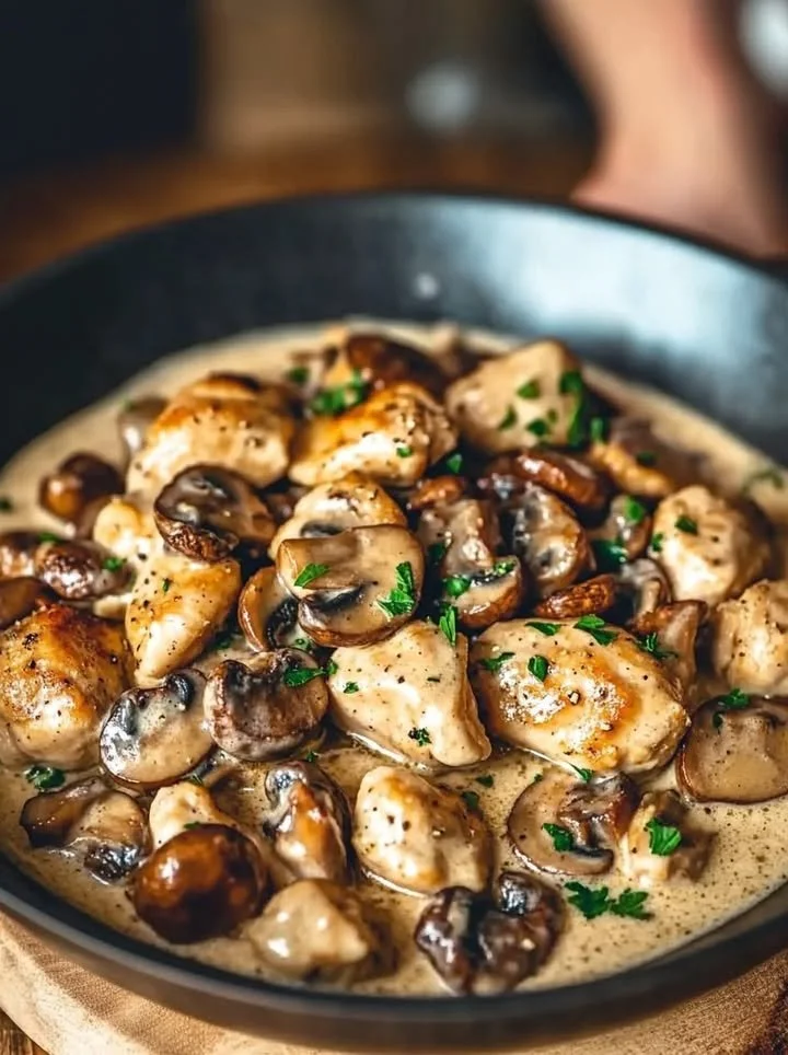 Creamy chicken with mushrooms and Dijon sauce served on a plate