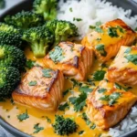 Creamy coconut curry salmon served with tender broccoli on a plate