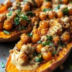 Creamy and crispy sweet potatoes with spiced chickpeas and tahini butter sauce