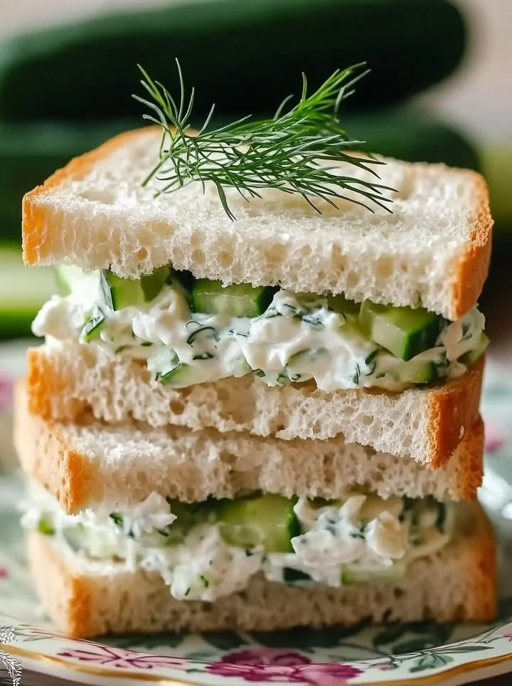 Creamy cucumber tea sandwiches arranged on a platter for a tea party
