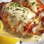 Creamy garlic butter lobster tails served on a plate with fresh herbs and lemon
