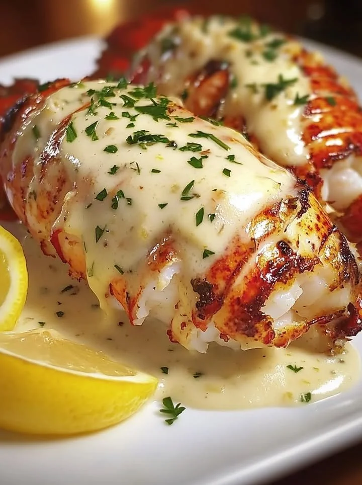 Creamy garlic butter lobster tails served on a plate with fresh herbs and lemon