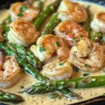 Creamy garlic butter shrimp and asparagus served in a skillet dish.
