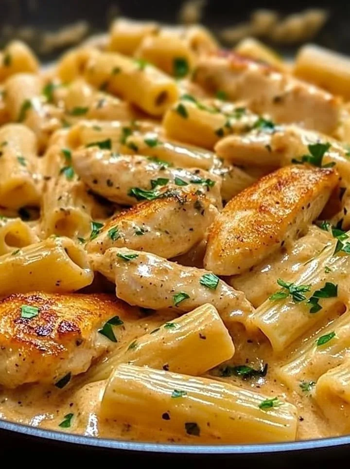 Creamy Garlic Chicken Pasta with Italian Seasoning in a bowl