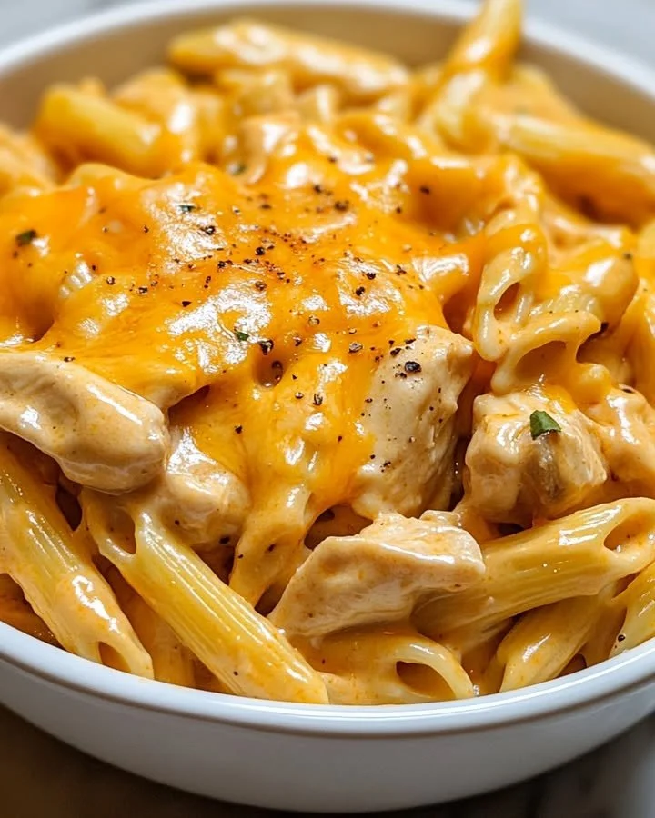 Creamy Honey BBQ Chicken & Cheddar Pasta dish topped with fresh herbs