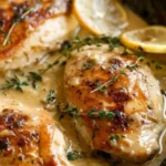 Creamy lemon thyme chicken dish with herbs and lemon garnish
