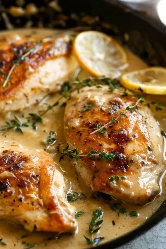 Creamy lemon thyme chicken dish with herbs and lemon garnish
