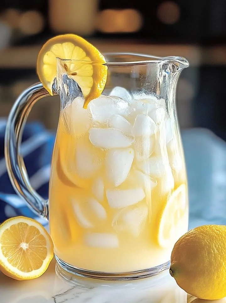 Refreshing creamy lemonade served in a glass with lemon slices