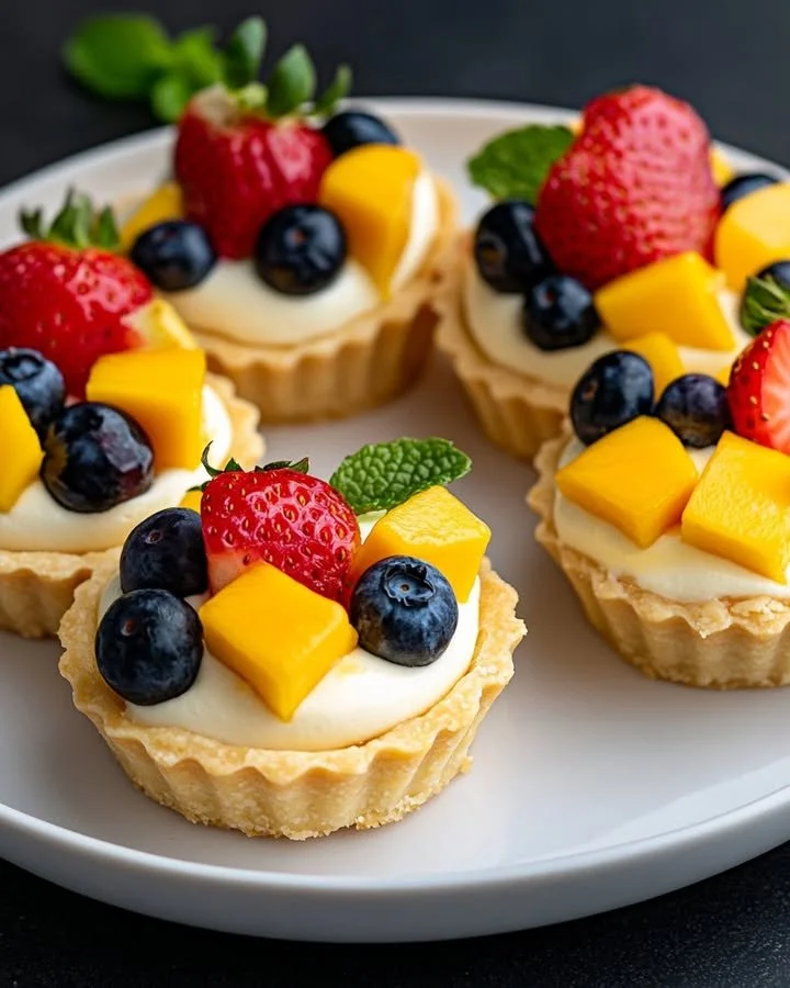 Delicious creamy mini fruit tarts topped with fresh fruits and creamy filling