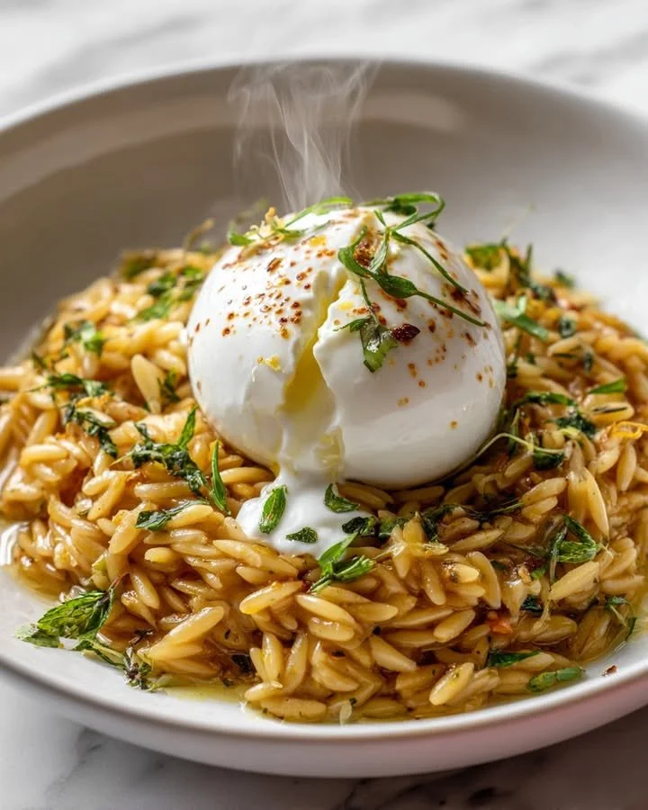 Creamy Orzo Risotto with lemon feta sauce and burrata cheese