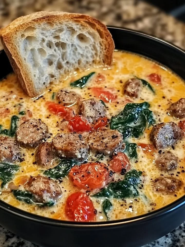 A bowl of creamy Parmesan Italian sausage soup garnished with herbs.