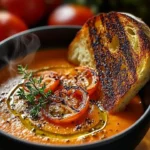 Creamy roasted tomato and garlic soup in a bowl with fresh basil garnish